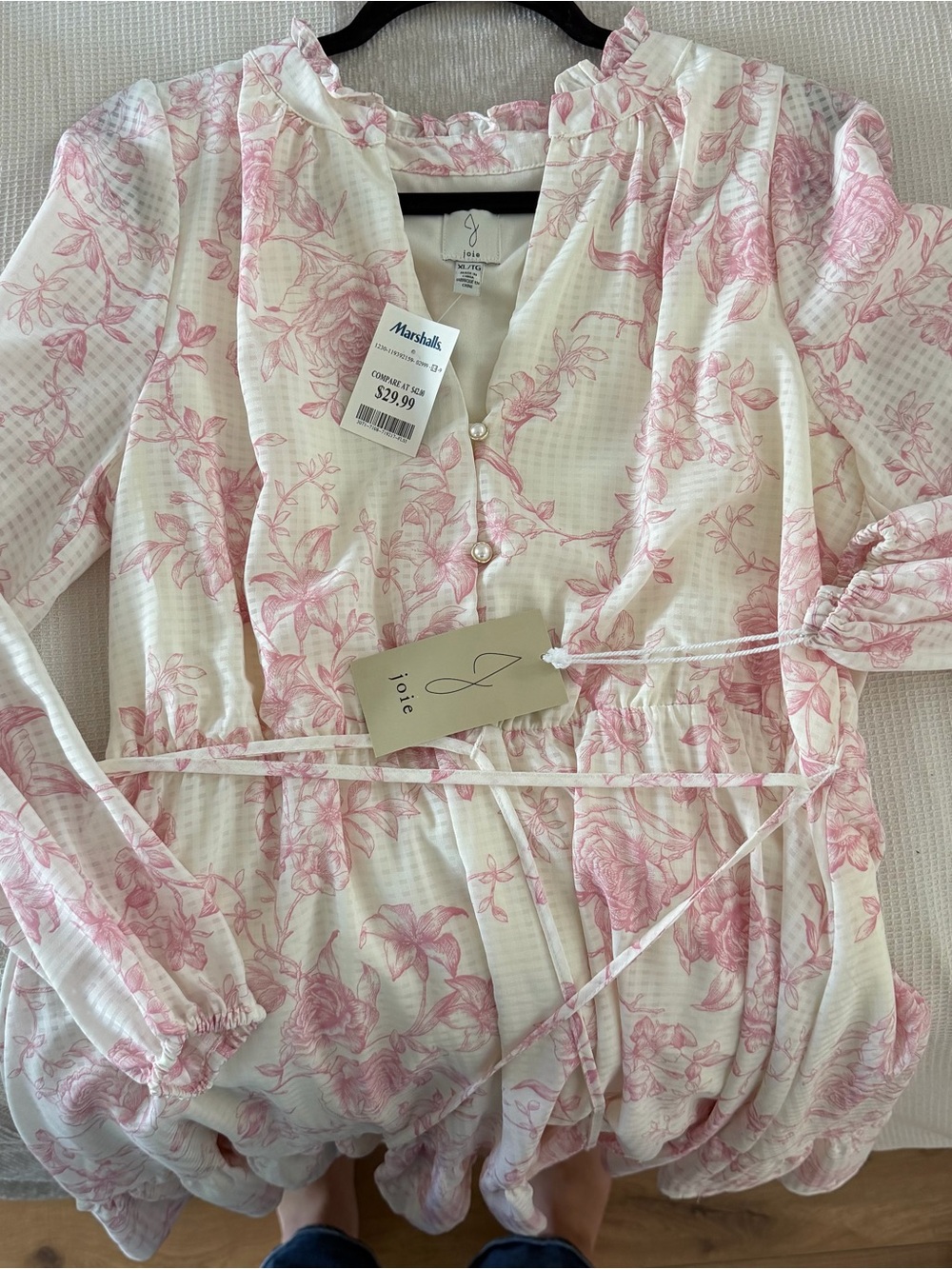 Joie White Blouse with Pink Floral Print and Tie Waist